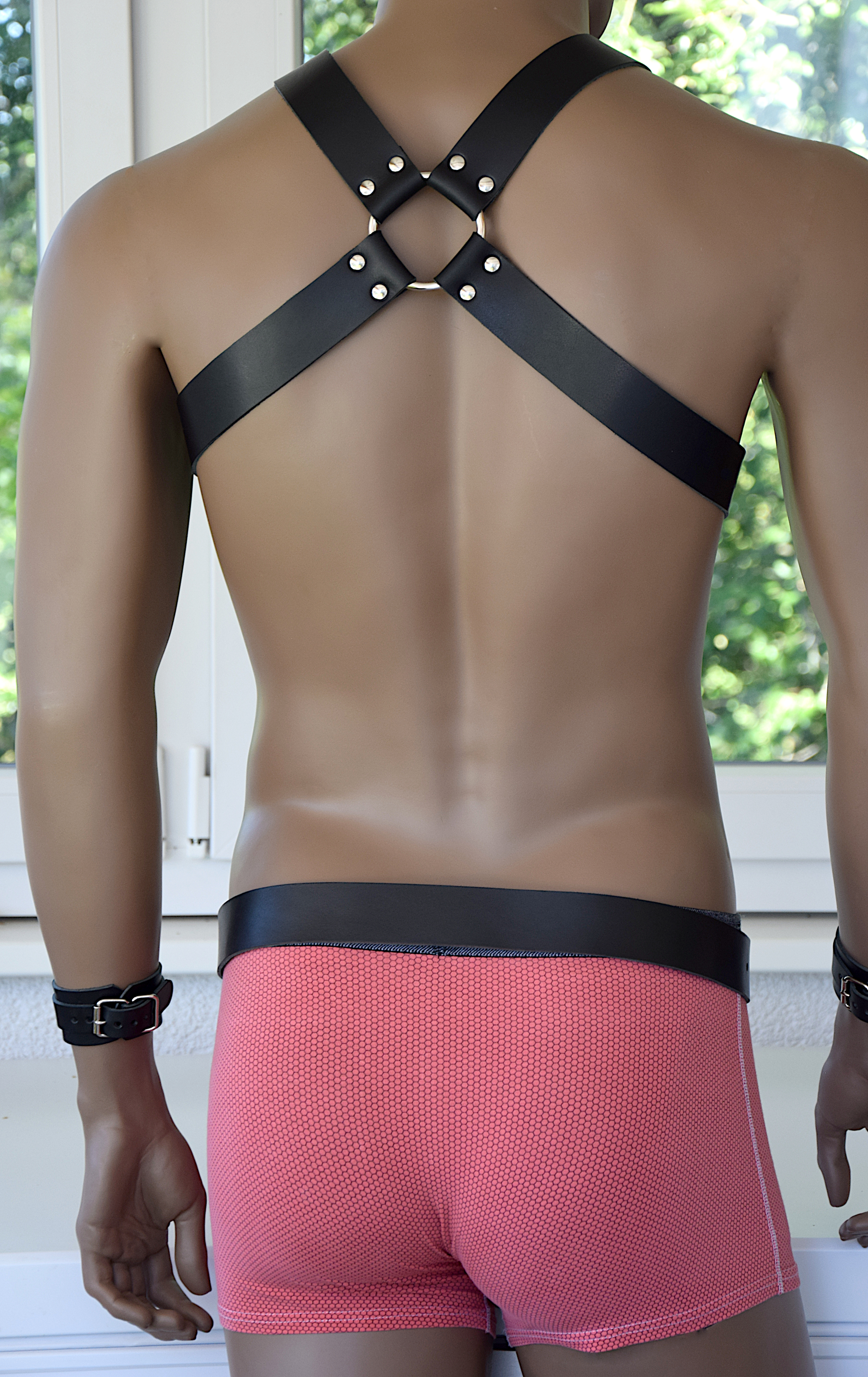 Premium BDSM Cockring Geschirr Harness mit Handfesseln