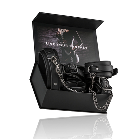 Robustes schwarzes Fesselset /  Handfesseln-, Fußfessel und Halsband