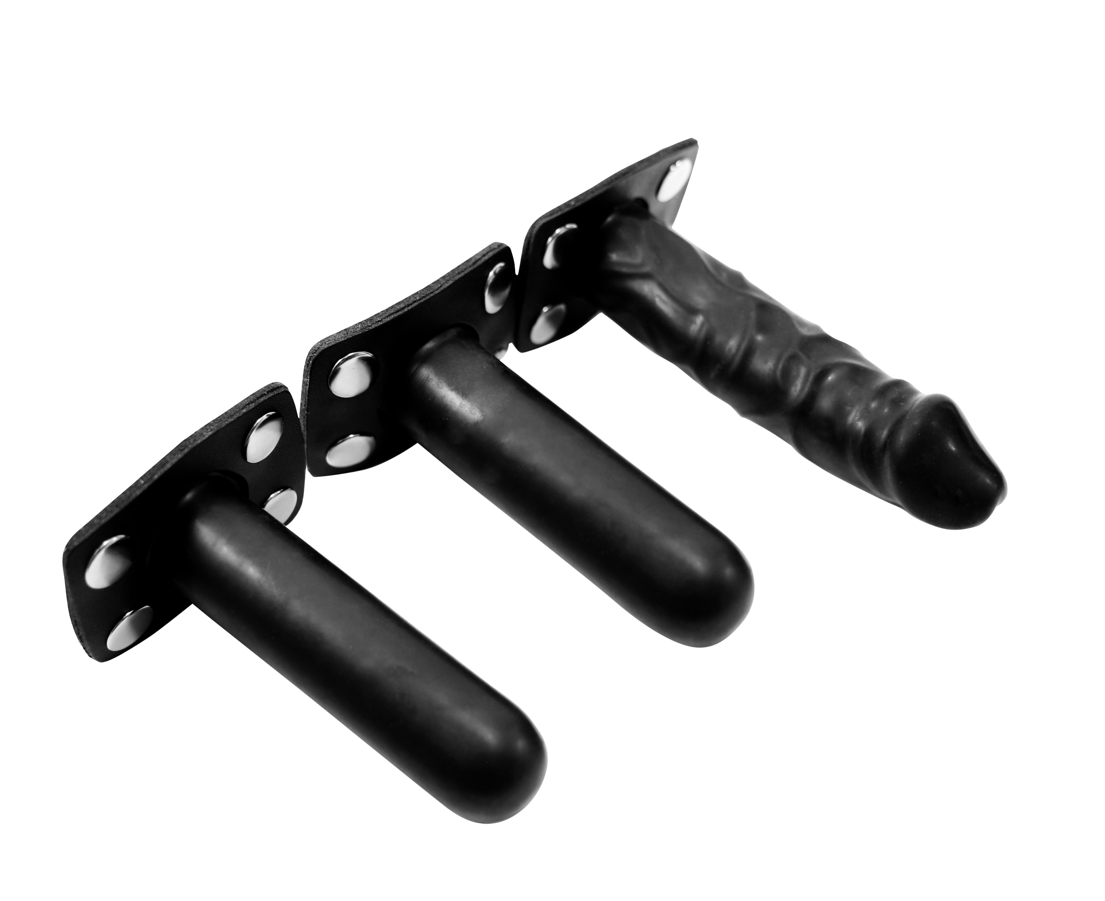 Leder Latex dreifach Strapon Umschnalldildo mit einem Dildo und zwei Analplugs
