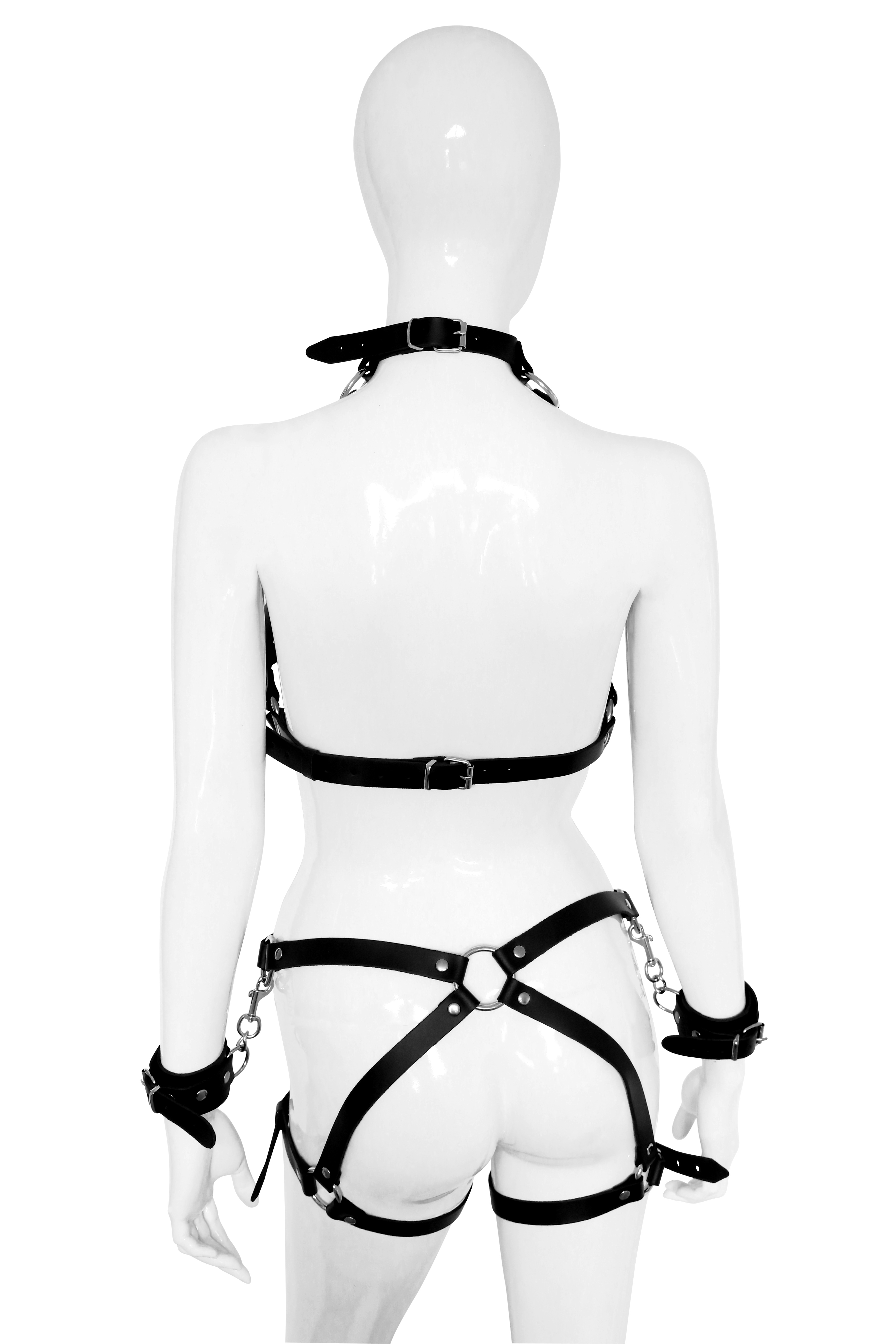 BDSM Bondage Leder BH Harness mit Handfesseln