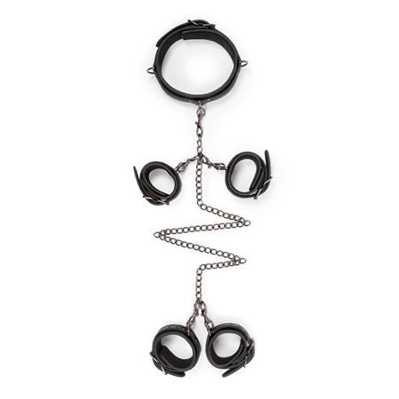 Robustes schwarzes Fesselset /  Handfesseln-, Fußfessel und Halsband
