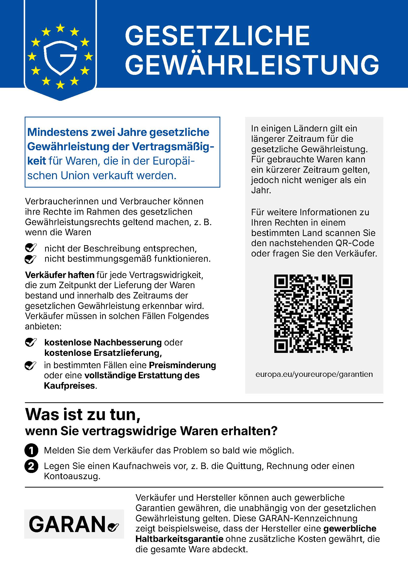 Gesetzliche Gewährleistung – mindestens zwei Jahre
