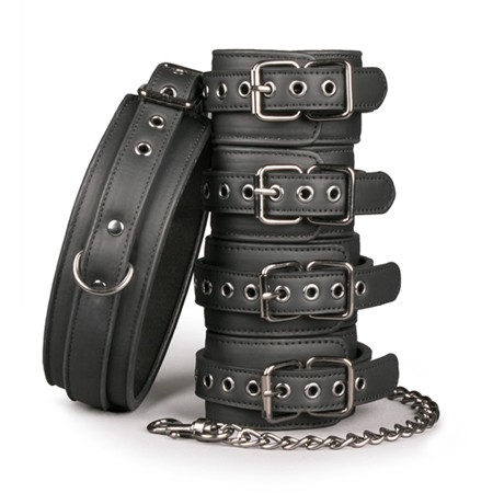 Robustes schwarzes Fesselset / Handfesseln-, Fußfessel und Halsband