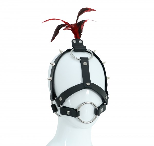 BDSM Knebelgeschirr Maske Harness Kopfgeschirr mit Schmuckfedern und O-Ring Mundknebel