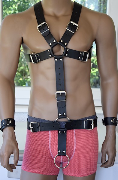 Premium BDSM Cockring Geschirr Harness mit Handfesseln